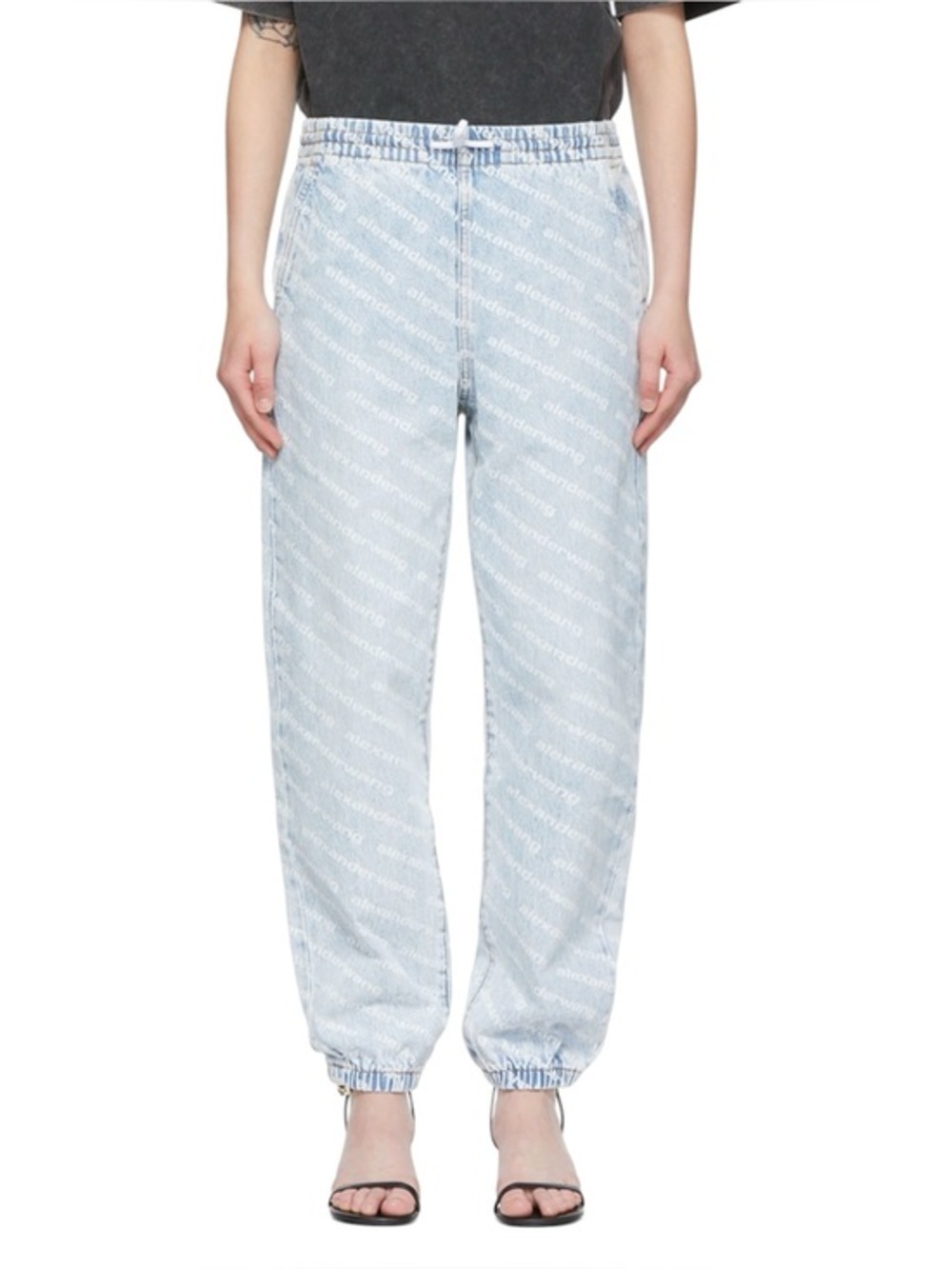 Alexander Wang Logo Print Denim Jogger Pant Jeans Pebble Beach Blue Womens Small